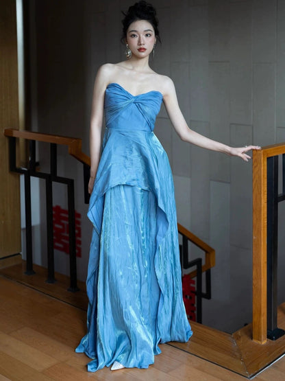 Strapless Blue A Line Prom Dress Summer Wedding Guest Dress J6475