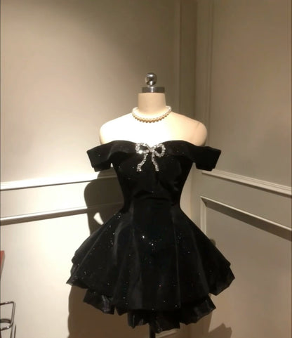 Off The Shoulder Black Birthday Dress Short Homecoming Dress J6478