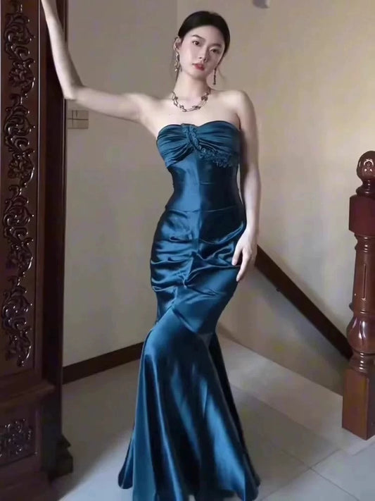 Trägerloses Meerjungfrau-Blau-Langes Ballkleid Satin-Abendkleid J6479
