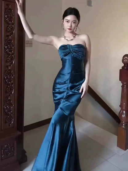 Strapless Mermaid Blue Long Prom Dress Satin Evening Dress J6479