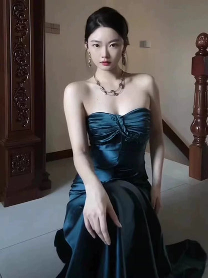 Strapless Mermaid Blue Long Prom Dress Satin Evening Dress J6479
