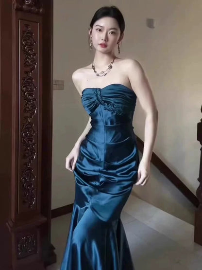 Strapless Mermaid Blue Long Prom Dress Satin Evening Dress J6479