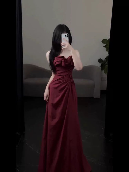 A Line Burgundy Prom Dress Slit Formal Evening Party Gown J6480