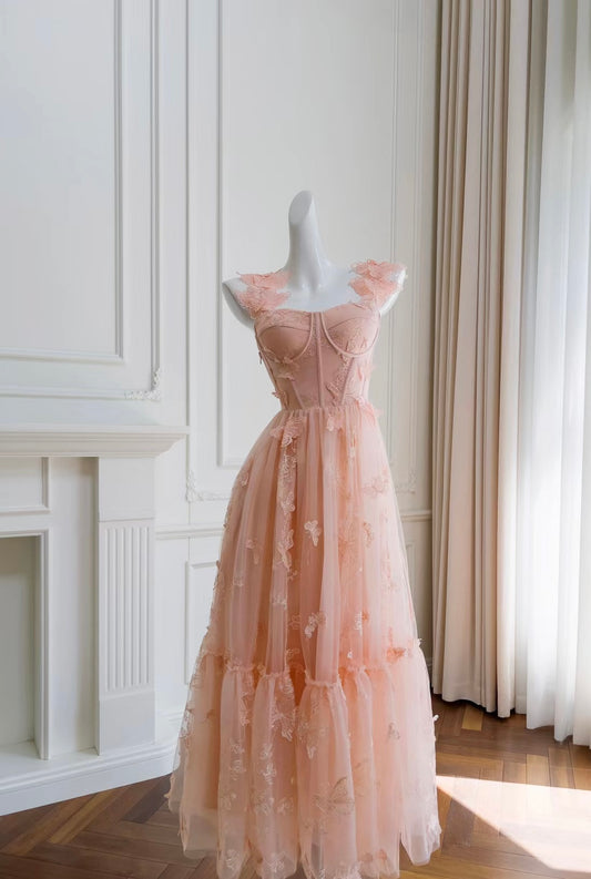 Robe de bal rose trapèze en mousseline de soie pour adolescentes J6482