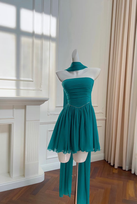 Robe courte bustier en mousseline de soie, coupe trapèze, tenue de soirée, d'anniversaire, J6483