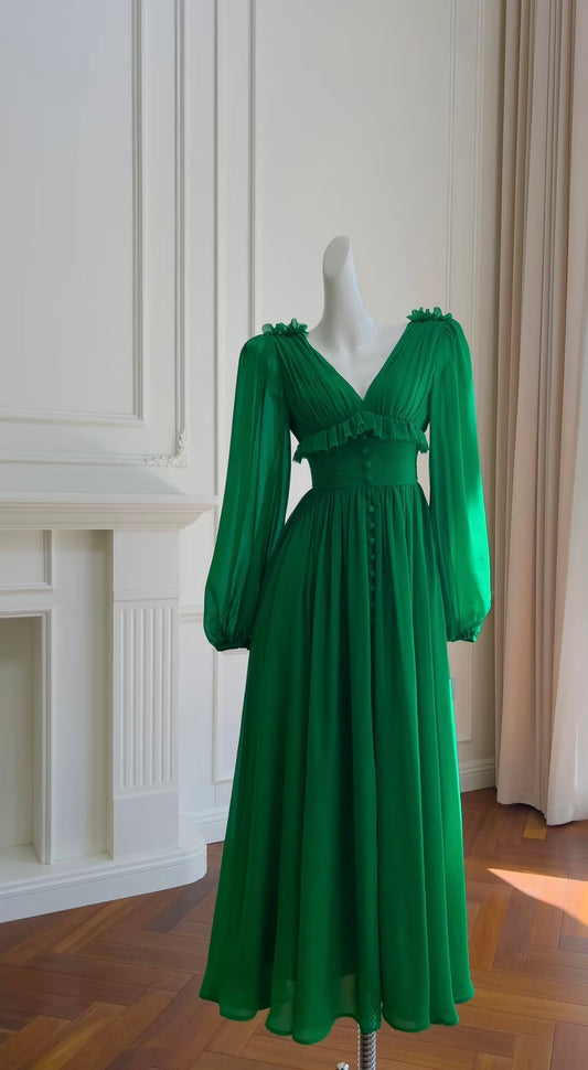 A Line Chiffon Green Wedding Guest Dress Long Sleeves Formal Party Dress J6485