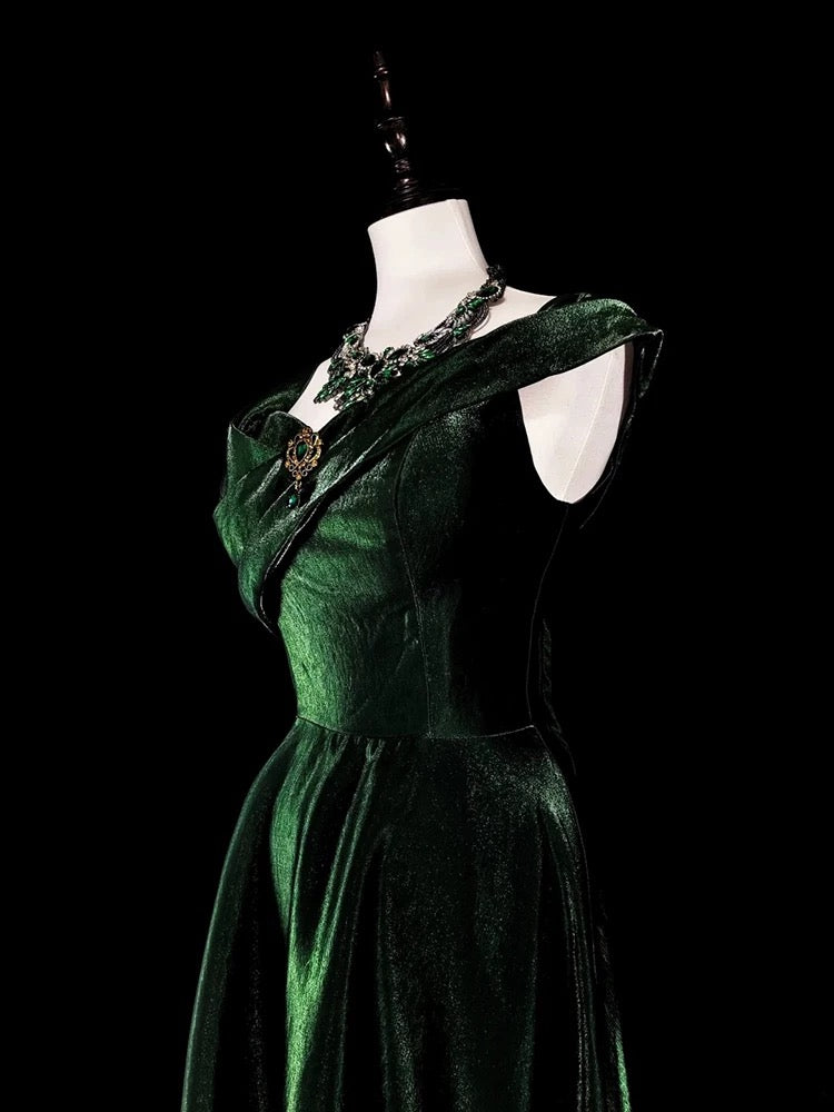 Off The Shoulder Velvet Green Prom Dress A Line Evening Dress J6487