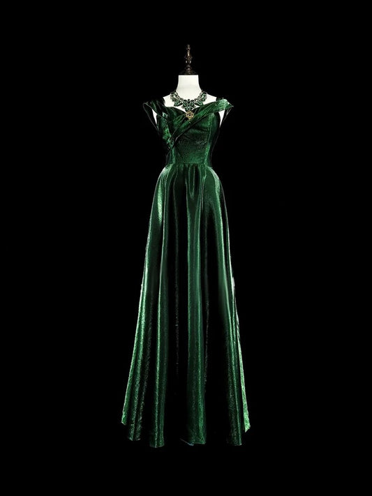 Schulterfreies grünes Ballkleid aus Samt in A-Linie, Abendkleid J6487