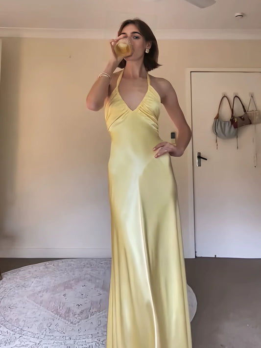Neckholder Meerjungfrau Gelb Ballkleid Rückenfrei Satin Abendkleid J6489