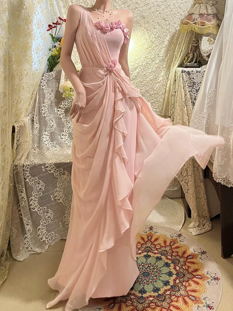 One-Shoulder-Rüschen-Chiffon-Ballkleid in Rosa J6491