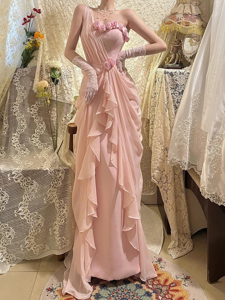 One-Shoulder-Rüschen-Chiffon-Ballkleid in Rosa J6491