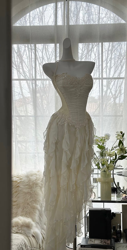 A Line Beige Prom Dress Applique Chiffon Party Dress J6495