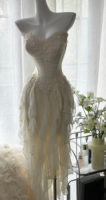 A Line Beige Prom Dress Applique Chiffon Party Dress J6495