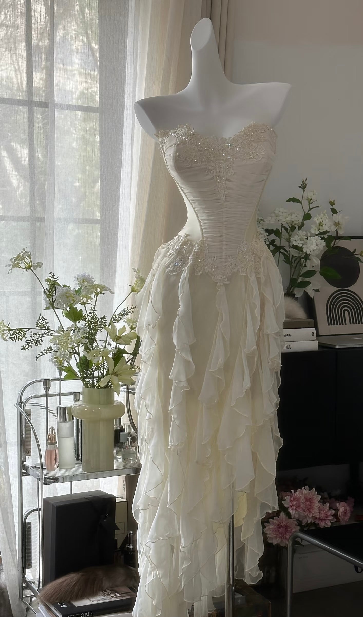 A Line Beige Prom Dress Applique Chiffon Party Dress J6495