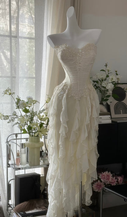 A Line Beige Prom Dress Applique Chiffon Party Dress J6495