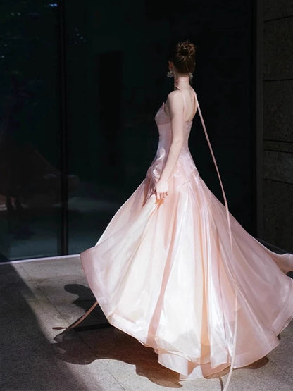 Robe de soirée rose coupe trapèze J6496