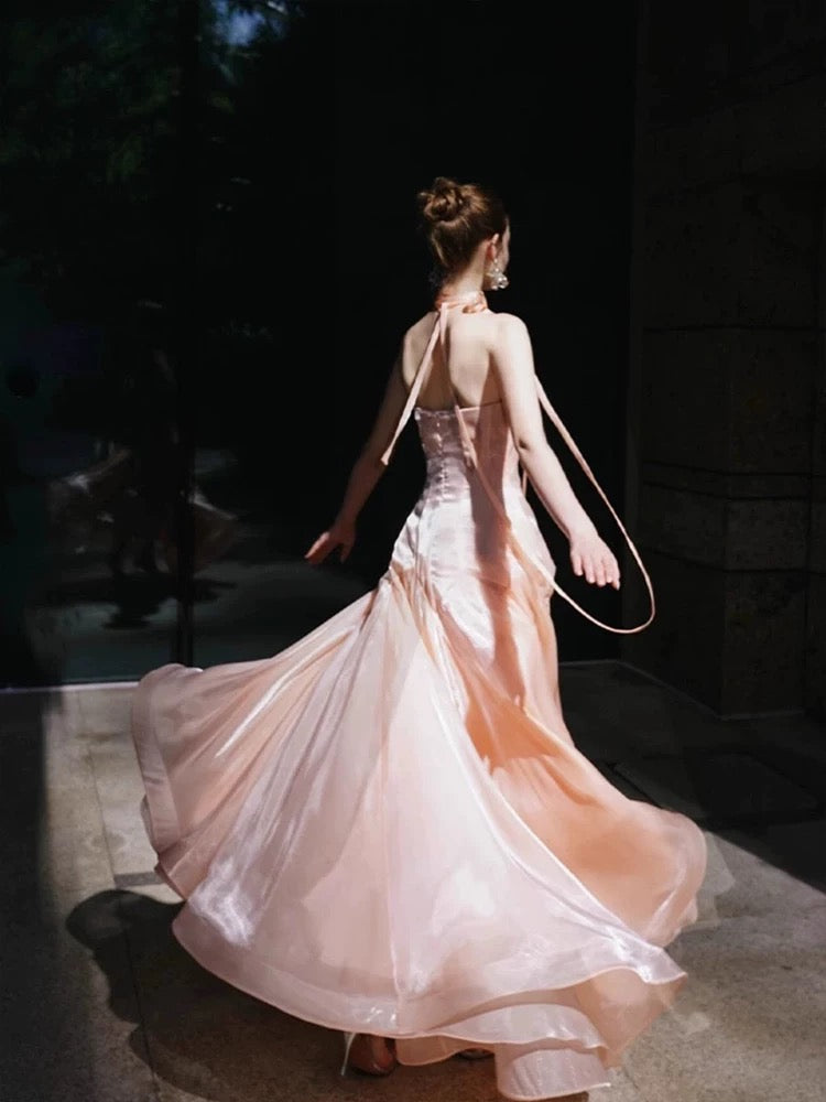 Robe de soirée rose coupe trapèze J6496