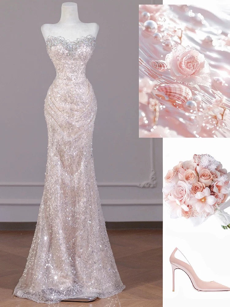 Robe de soirée sirène à sequins et décolleté en cœur, robe de soirée scintillante J6497