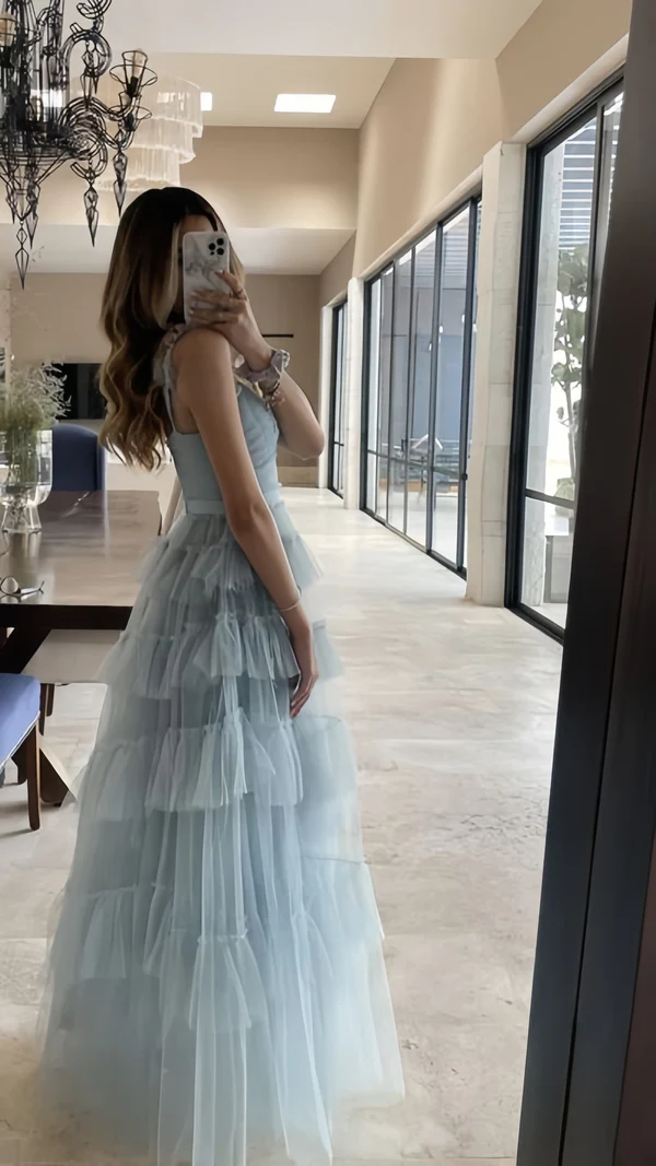 Light Blue Tulle Ruffle Long Prom Dresses Evening Party Dress J8802
