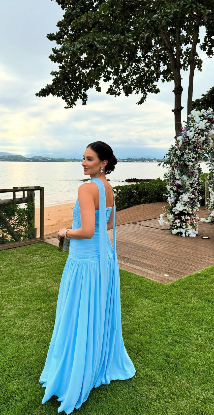 Robe de bal bleue bustier coupe trapèze, robe de soirée formelle pour invité de mariage J7038