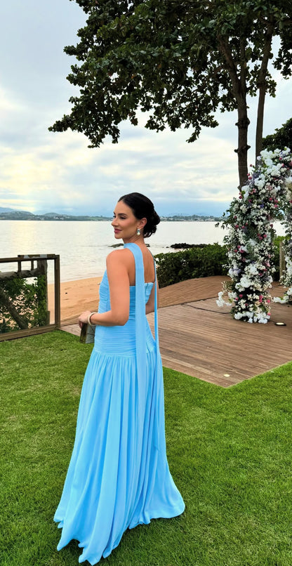 Robe de bal bleue bustier coupe trapèze, robe de soirée formelle pour invité de mariage J7038