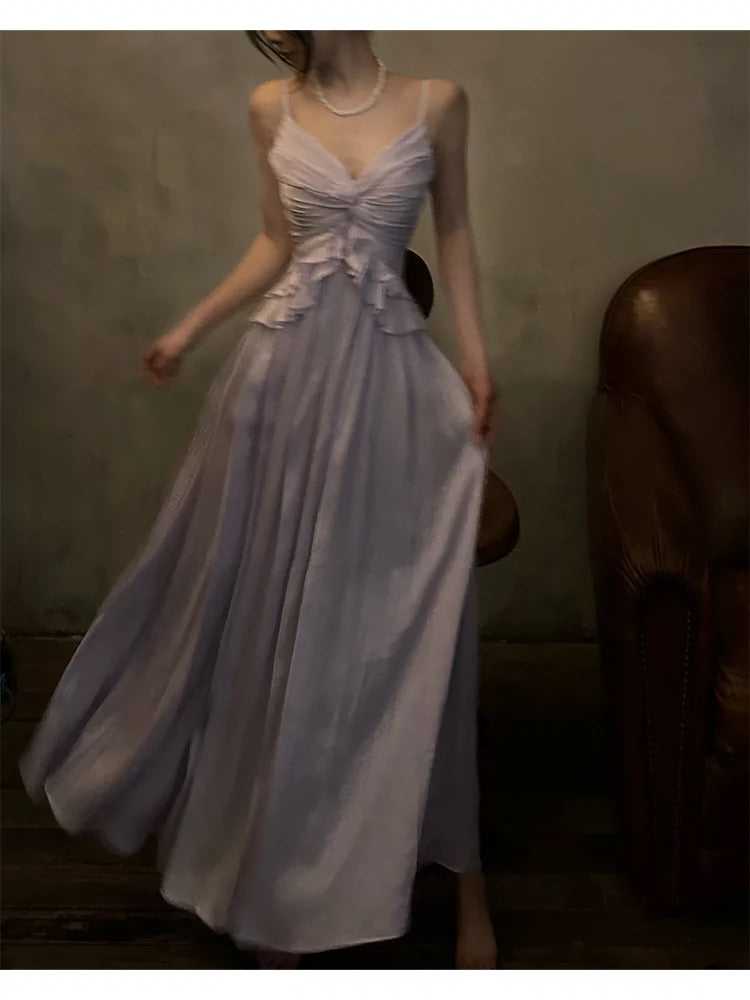 Robe de bal trapèze à bretelles spaghetti et volants couleur lavande J6521