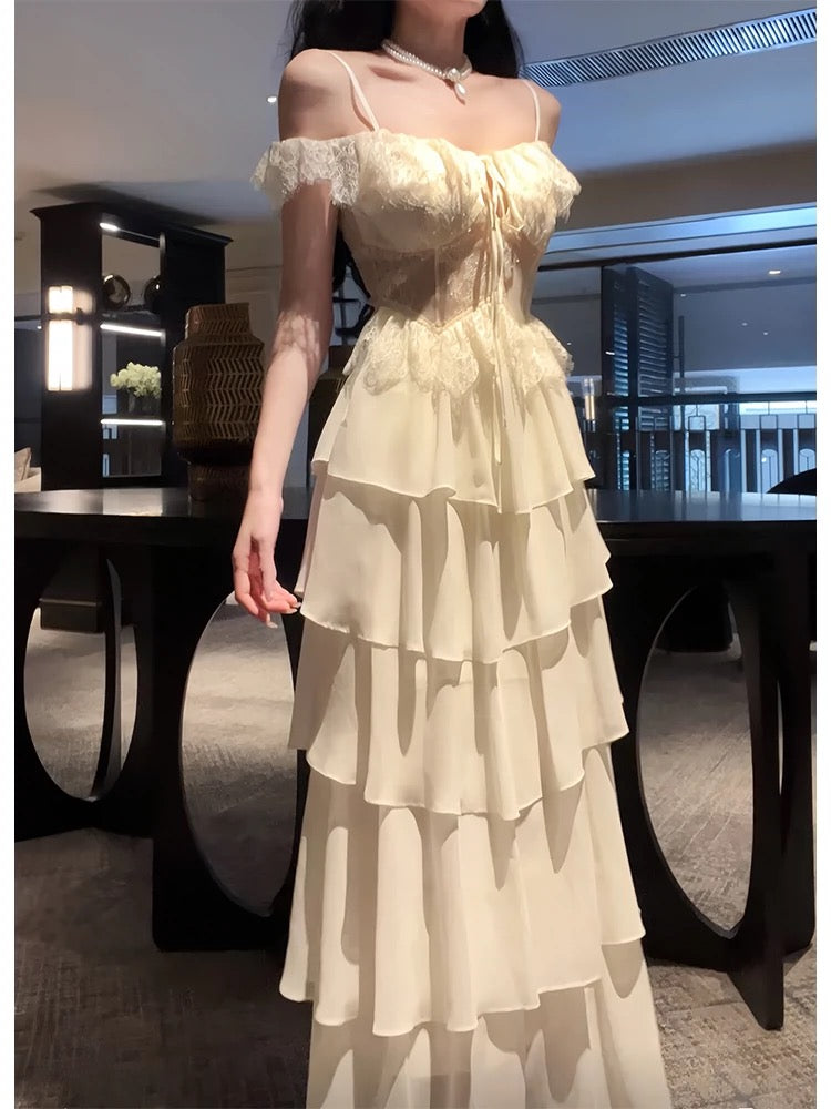 A Line Beige Chiffon Prom Dress Tiered Formal Party Dress J6522