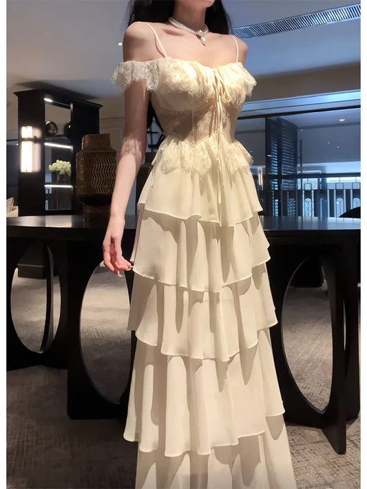 A Line Beige Chiffon Prom Dress Tiered Formal Party Dress J6522