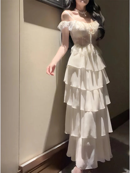 A Line Beige Chiffon Prom Dress Tiered Formal Party Dress J6522