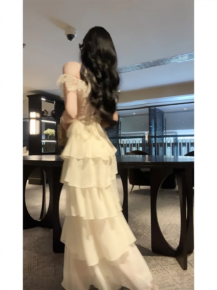 A Line Beige Chiffon Prom Dress Tiered Formal Party Dress J6522