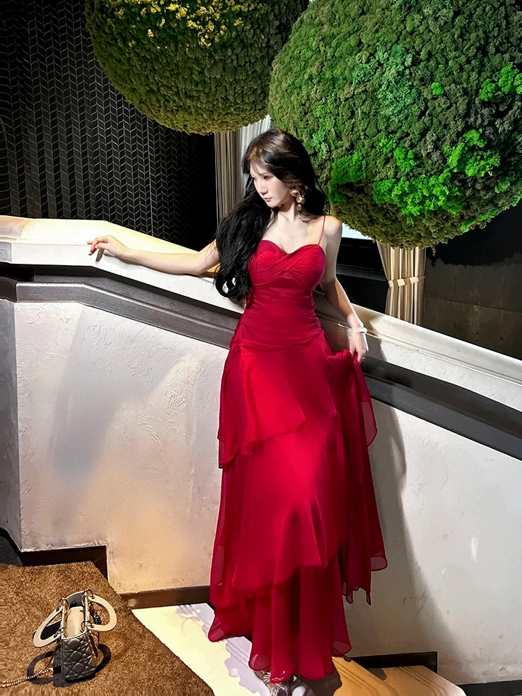 red prom dress with ruffles Spaghetti Straps Chiffon Red Prom Dress Ruffle Birthday Dress J6523 –  JulyProm