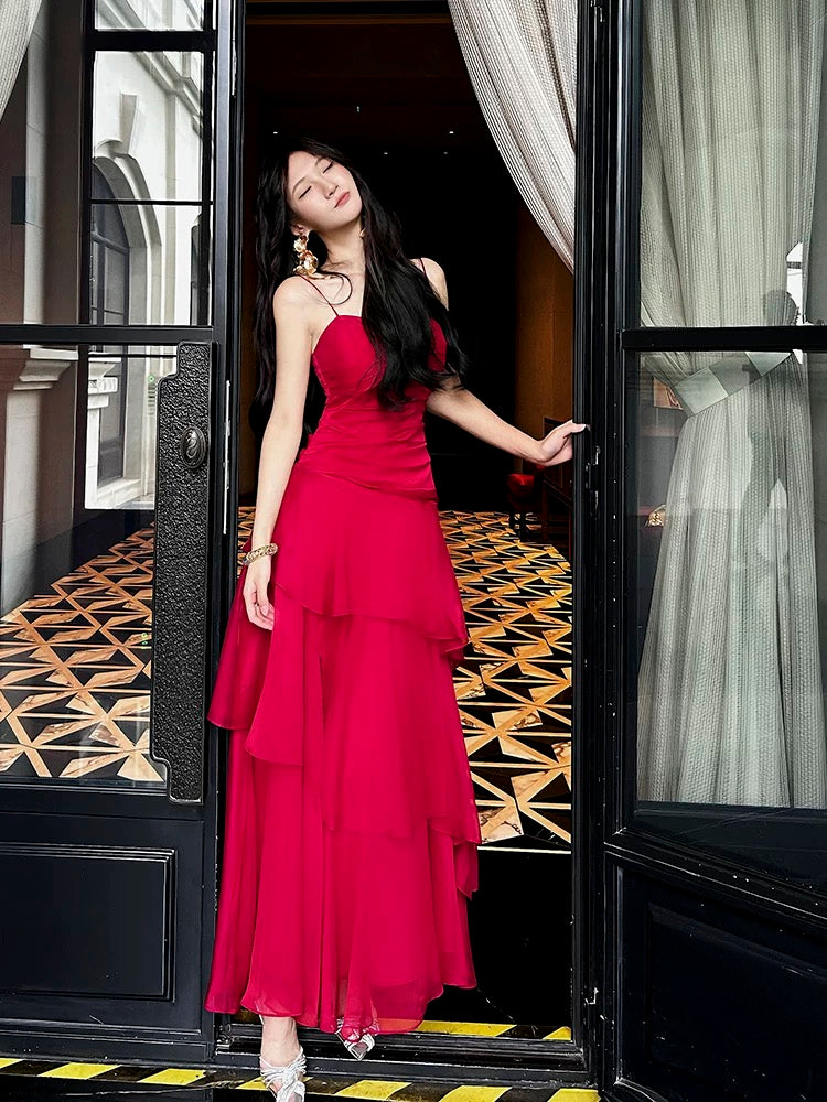 Spaghetti Straps Chiffon Red Prom Dress Ruffle Birthday Dress J6523