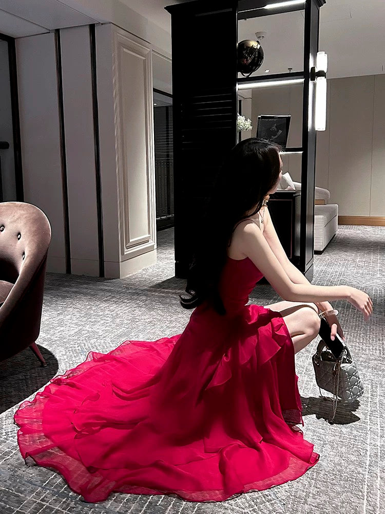 Spaghetti Straps Chiffon Red Prom Dress Ruffle Birthday Dress J6523