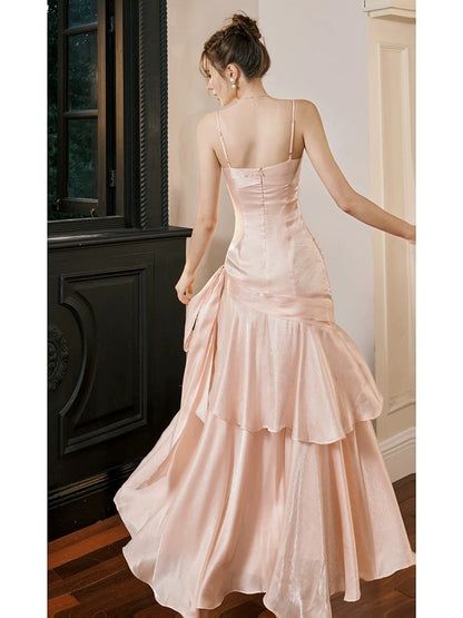 Pink Ruffle Evening Prom Dress Spaghetti Straps  Birthday Dress J6524