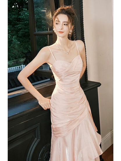 Pink Ruffle Evening Prom Dress Spaghetti Straps  Birthday Dress J6524