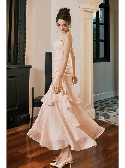 Pink Ruffle Evening Prom Dress Spaghetti Straps  Birthday Dress J6524