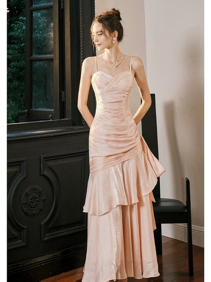 Pink Ruffle Evening Prom Dress Spaghetti Straps  Birthday Dress J6524