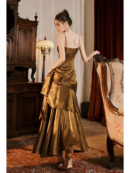Rüschen Gold Abend Ballkleid Spaghettiträger Geburtstagskleid J6524