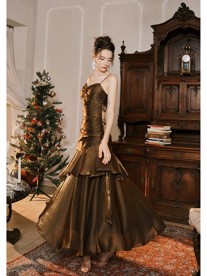 Rüschen Gold Abend Ballkleid Spaghettiträger Geburtstagskleid J6524