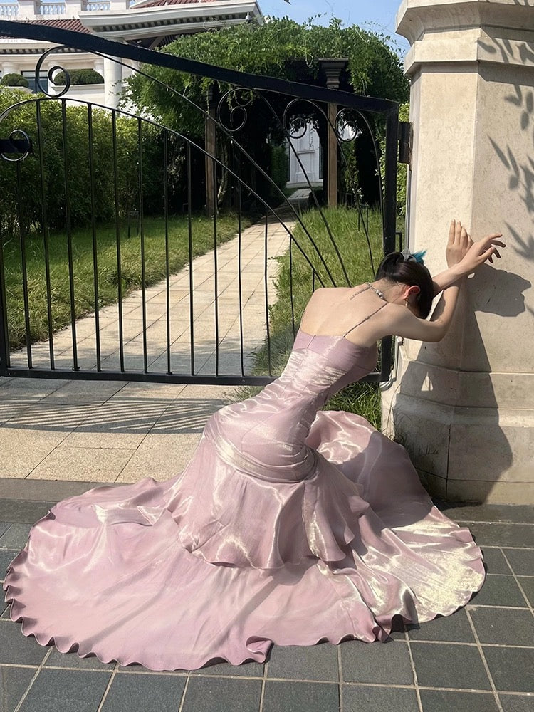 Robe de bal à bretelles spaghetti, violette et rose, à volants, robe d'anniversaire, robe de soirée formelle, J6524