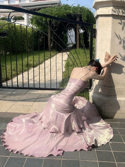 Robe de bal à bretelles spaghetti, violette et rose, à volants, robe d'anniversaire, robe de soirée formelle, J6524