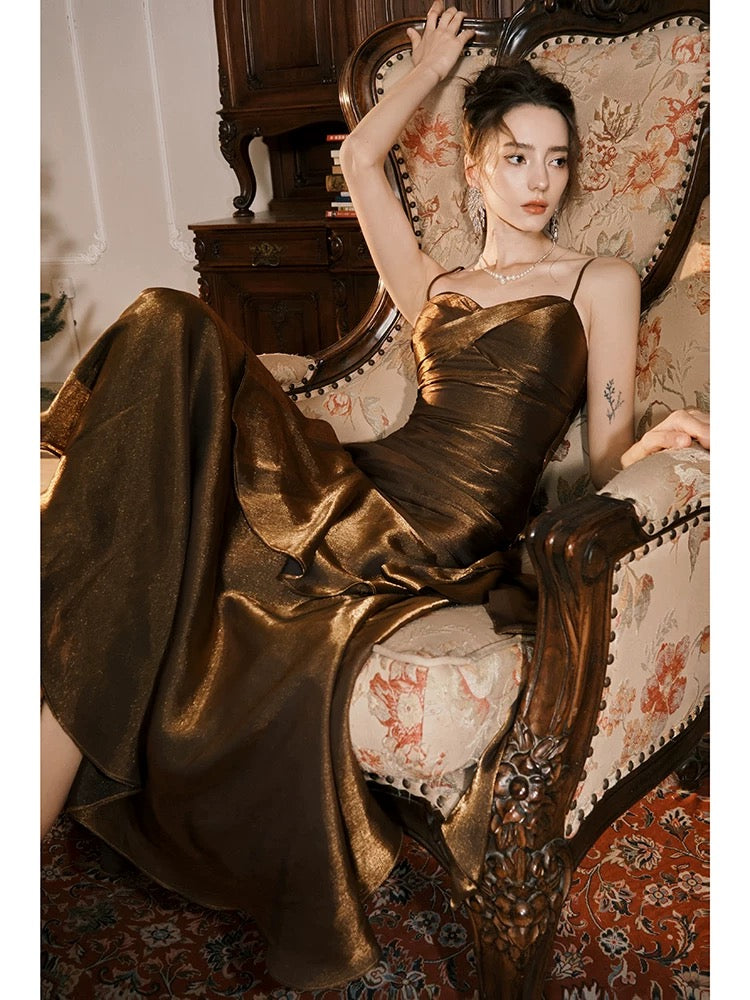 Rüschen Gold Abend Ballkleid Spaghettiträger Geburtstagskleid J6524