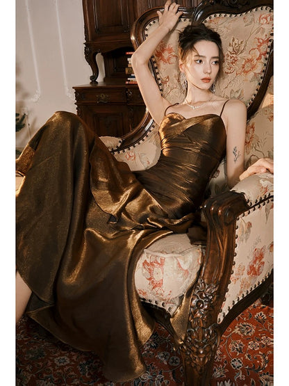 Rüschen Gold Abend Ballkleid Spaghettiträger Geburtstagskleid J6524