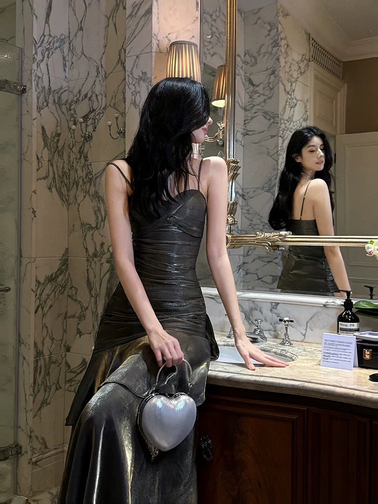 Robe de soirée à volants et bretelles spaghetti, robe d'anniversaire dorée et noire J6524