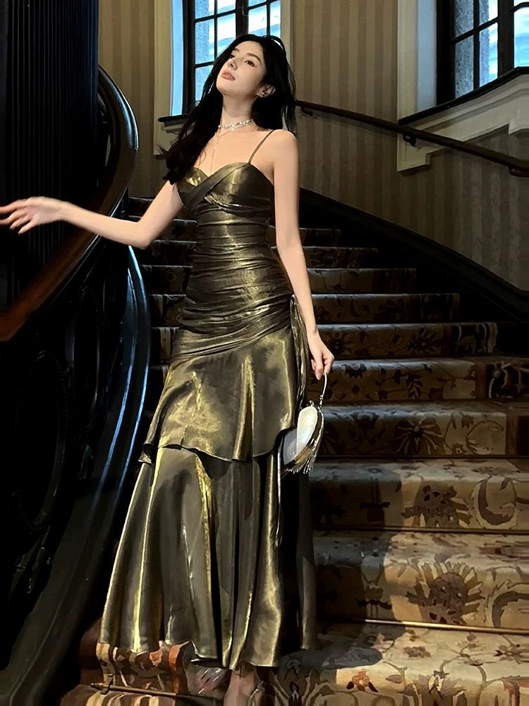 Robe de soirée à volants et bretelles spaghetti, robe d'anniversaire dorée et noire J6524