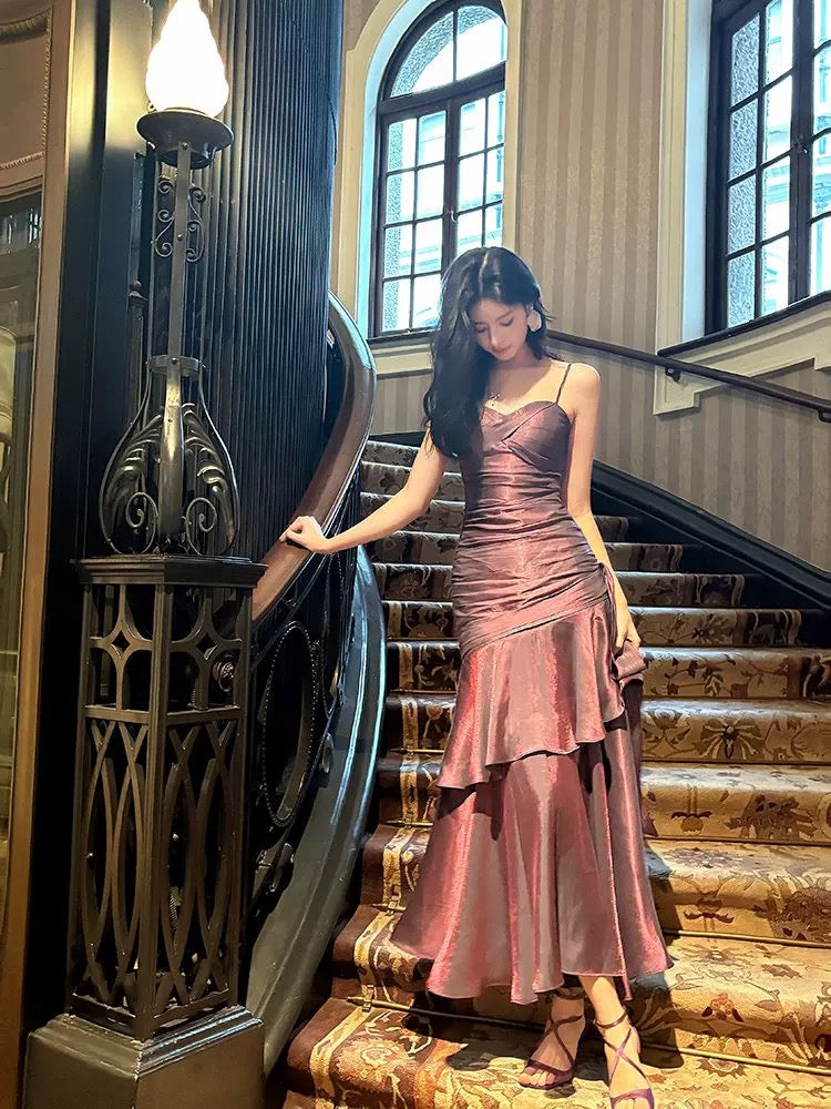 Robe de soirée à volants et bretelles spaghetti, robe d'anniversaire violette J6524