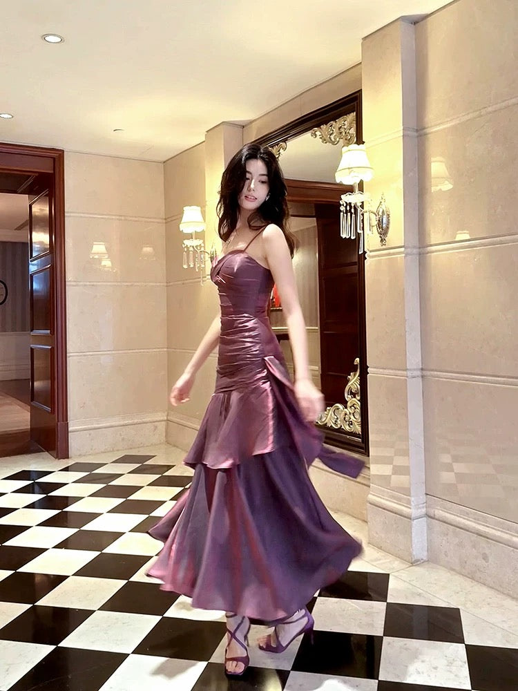 Robe de soirée à volants et bretelles spaghetti, robe d'anniversaire violette J6524