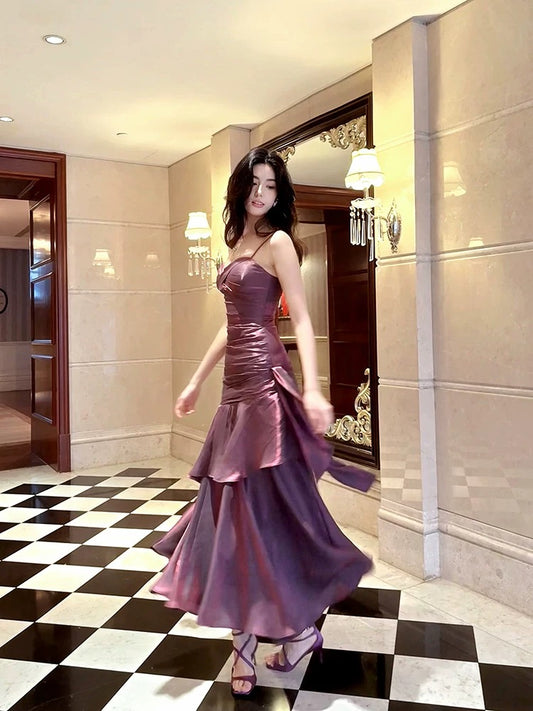 Robe de soirée à volants et bretelles spaghetti, robe d'anniversaire violette J6524