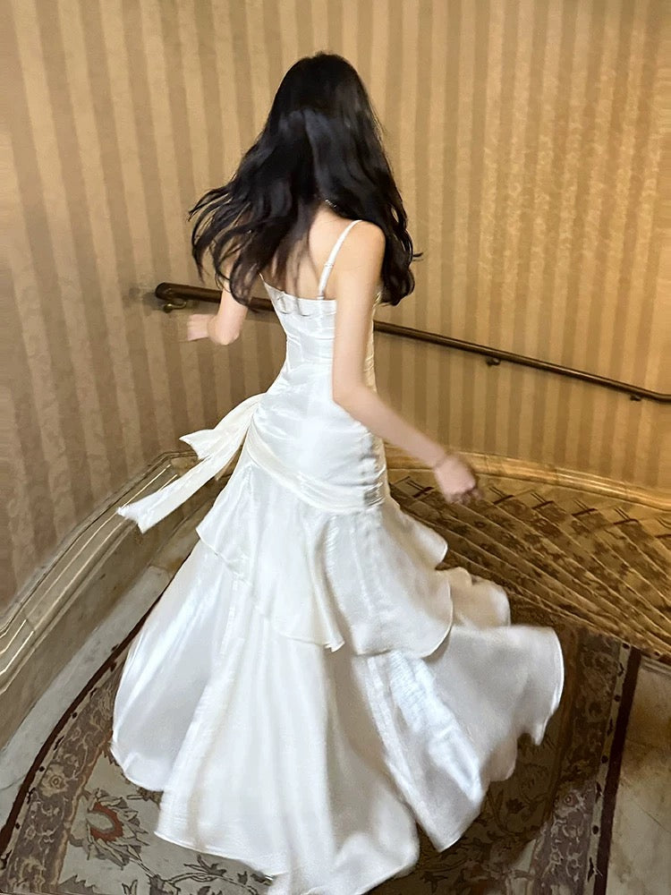 White Ruffle Evening Prom Dress Spaghetti Straps Birthday Dress J6524