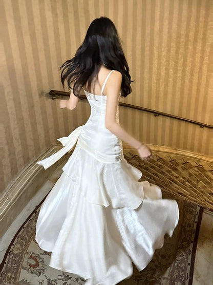 White Ruffle Evening Prom Dress Spaghetti Straps Birthday Dress J6524